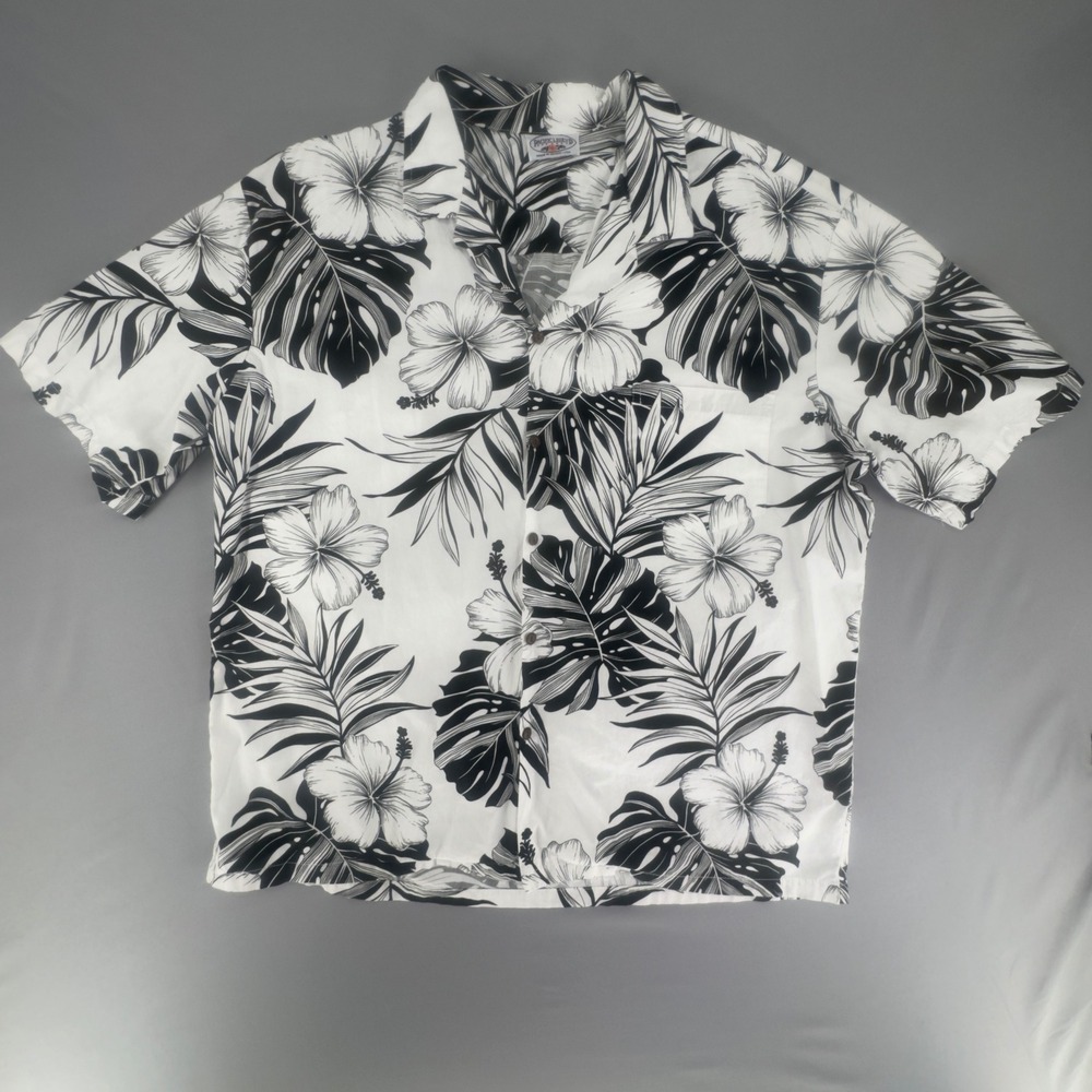 Pacific Legend Mens 2XL Hawaiian Shirt Black White Floral Hibiscus Hawaii Made